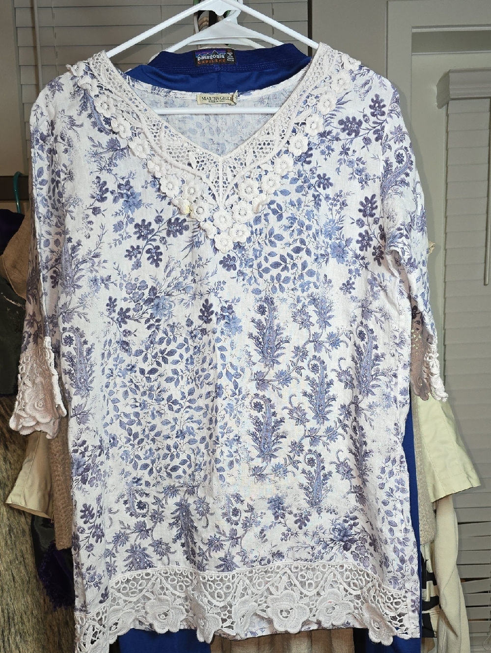 Women's Blue Floral Lace-Trim V-Neck Top
